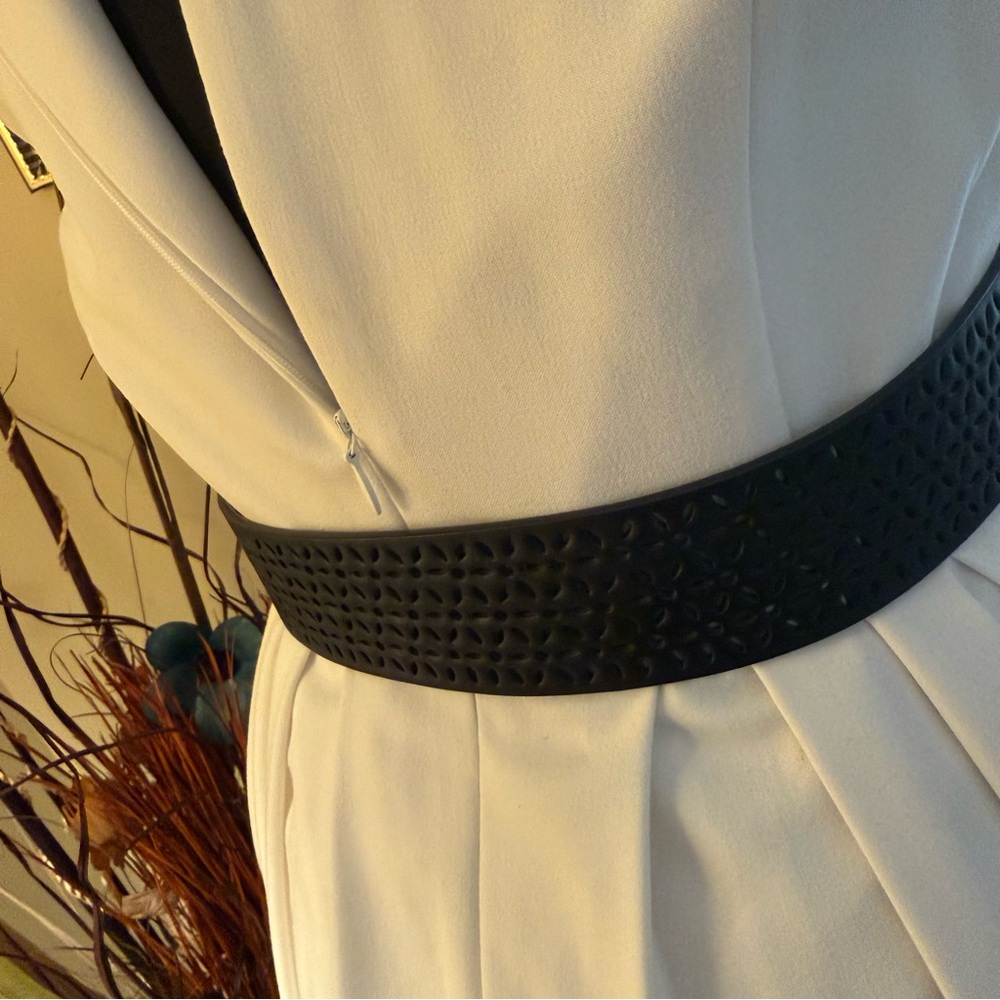 Calvin Klein White Sleeveless Pleated Midi Dress with Black Belt - Picture 11 of 15